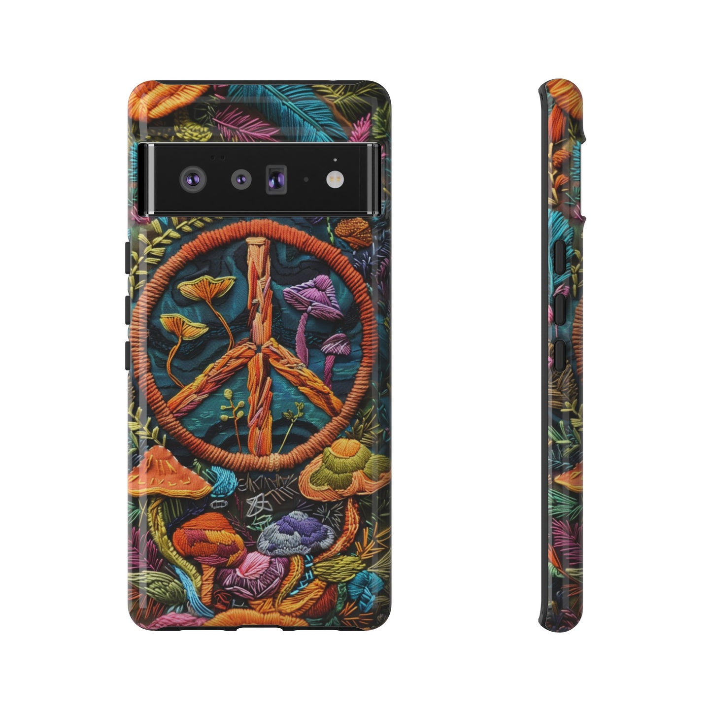 Embroidery Style Magic Mushrooms and Peace Sign Phone Case