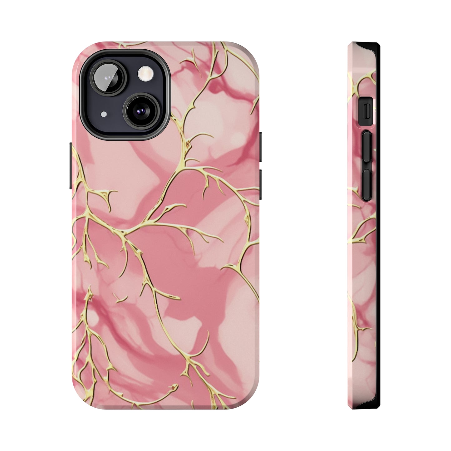 iPhone Elegance Unveiled: Pink & Gold Leaf Marble | Premium Tough iPhone Case