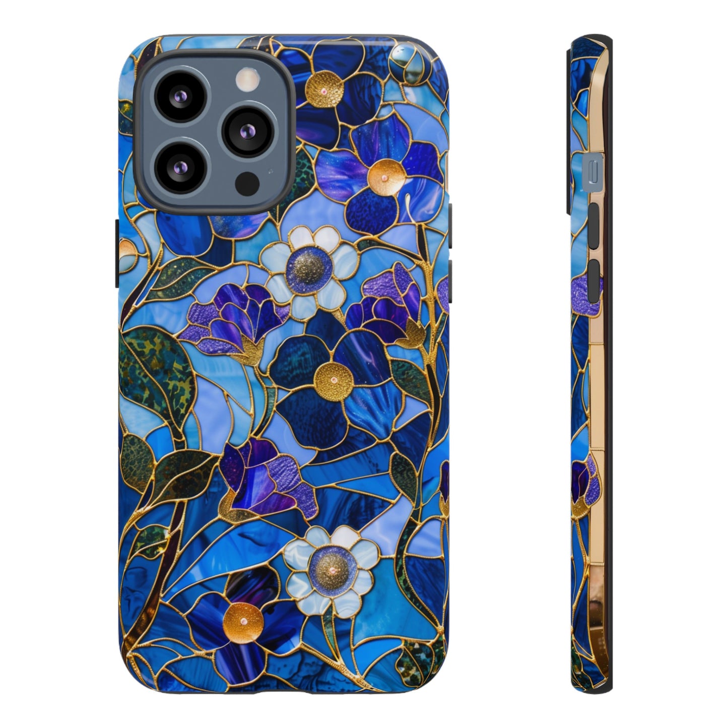 Blue Floral Stained Glass Gold Inlay Wild Flowers Phone Case