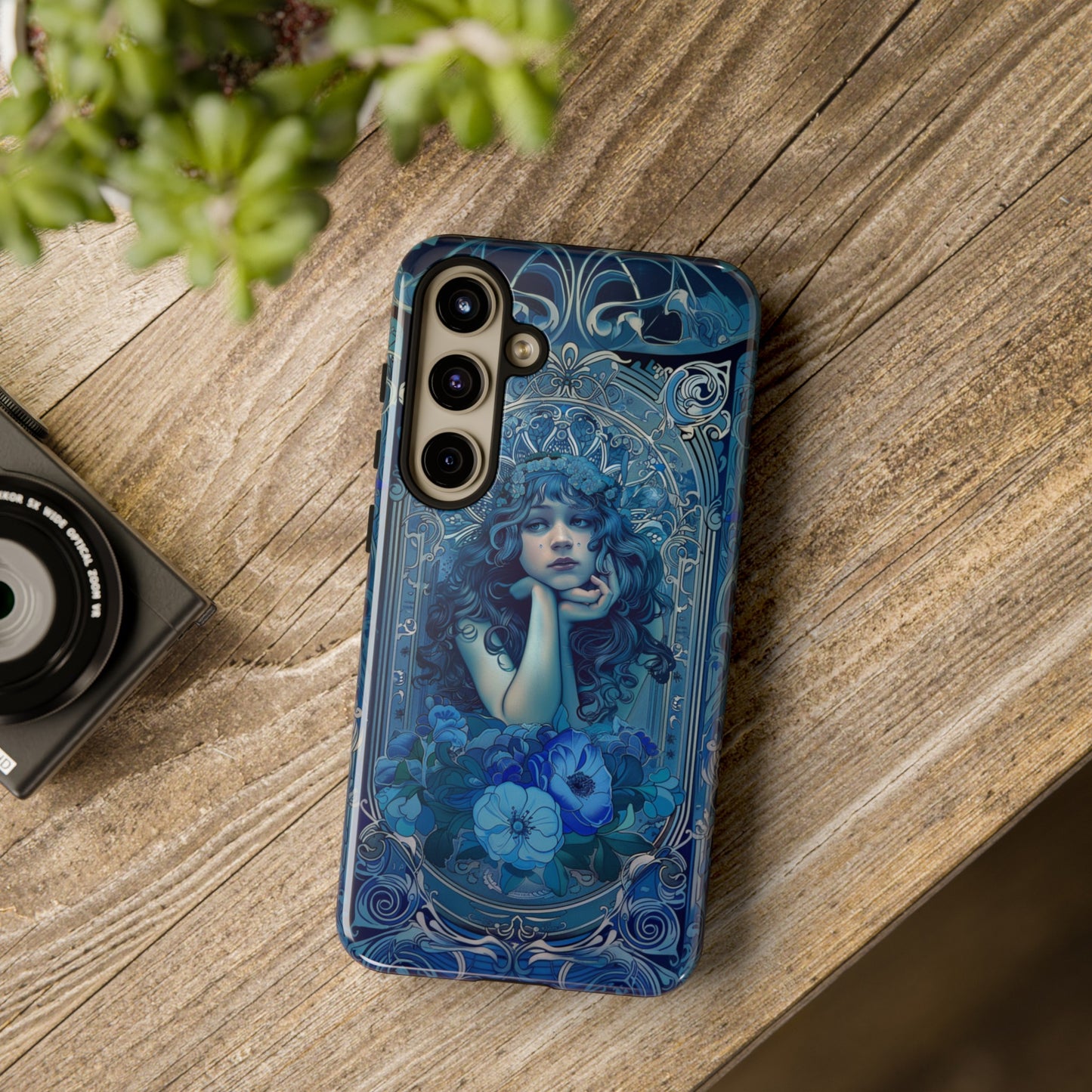 Blue floral Art Nouveau phone case for iPhone 15