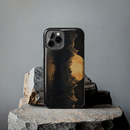 Abstract Landscape Black and Gold Mountains iPhone Case | Embrace the Mystical Full Moon