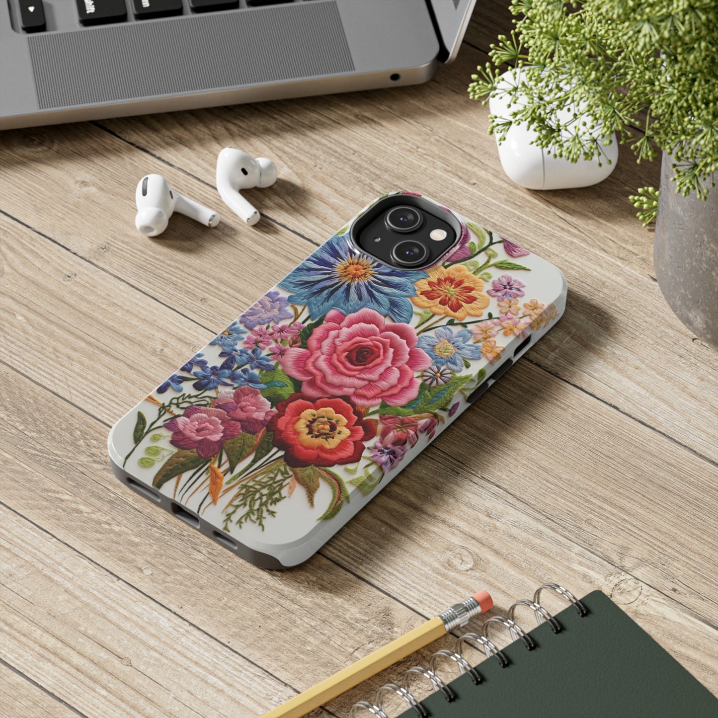 Embroidery Style Floral Aesthetic Flowers in Retro Vintage Tough Case iPhone Case