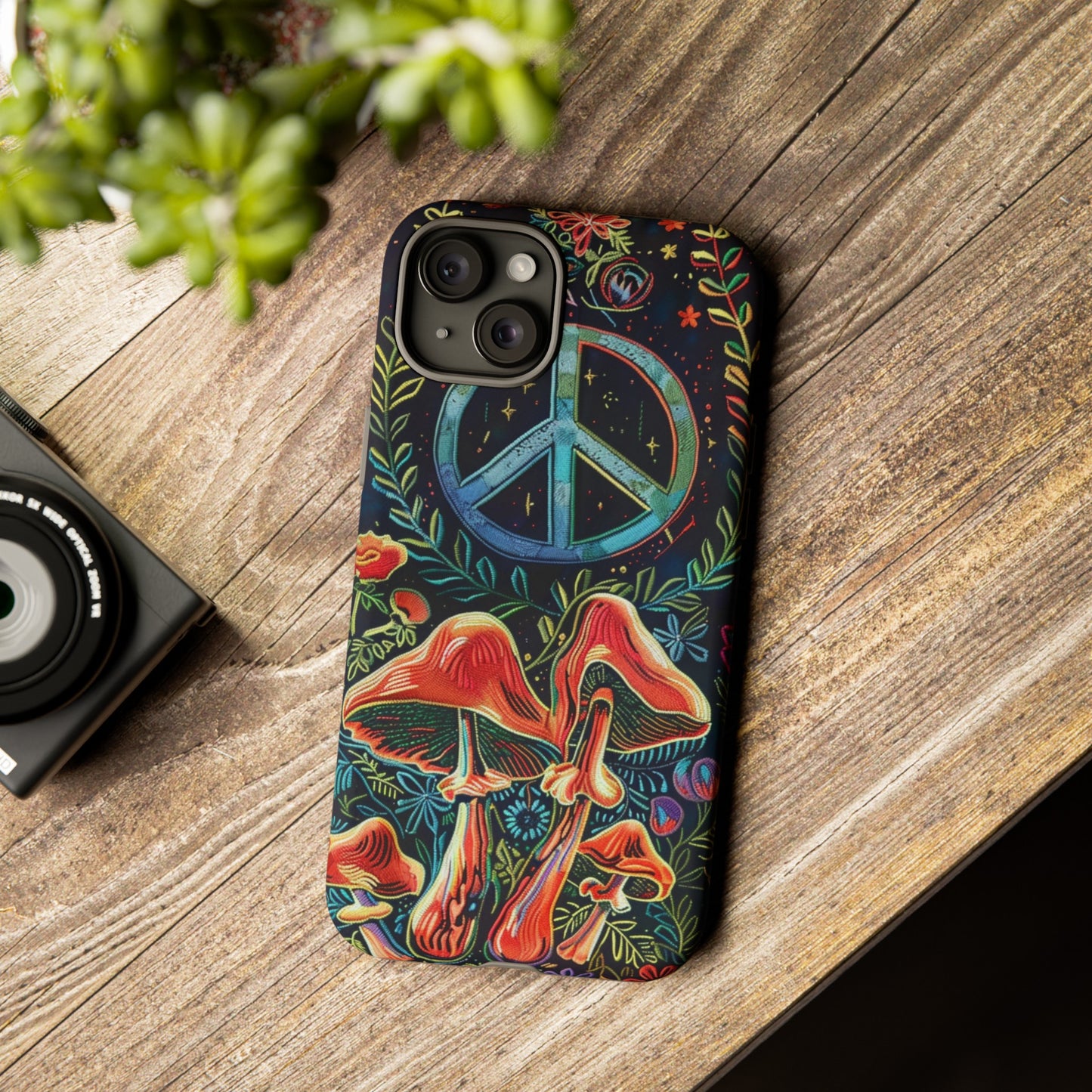 Embroidery Style Magic Mushrooms and Peace Sign Phone Case