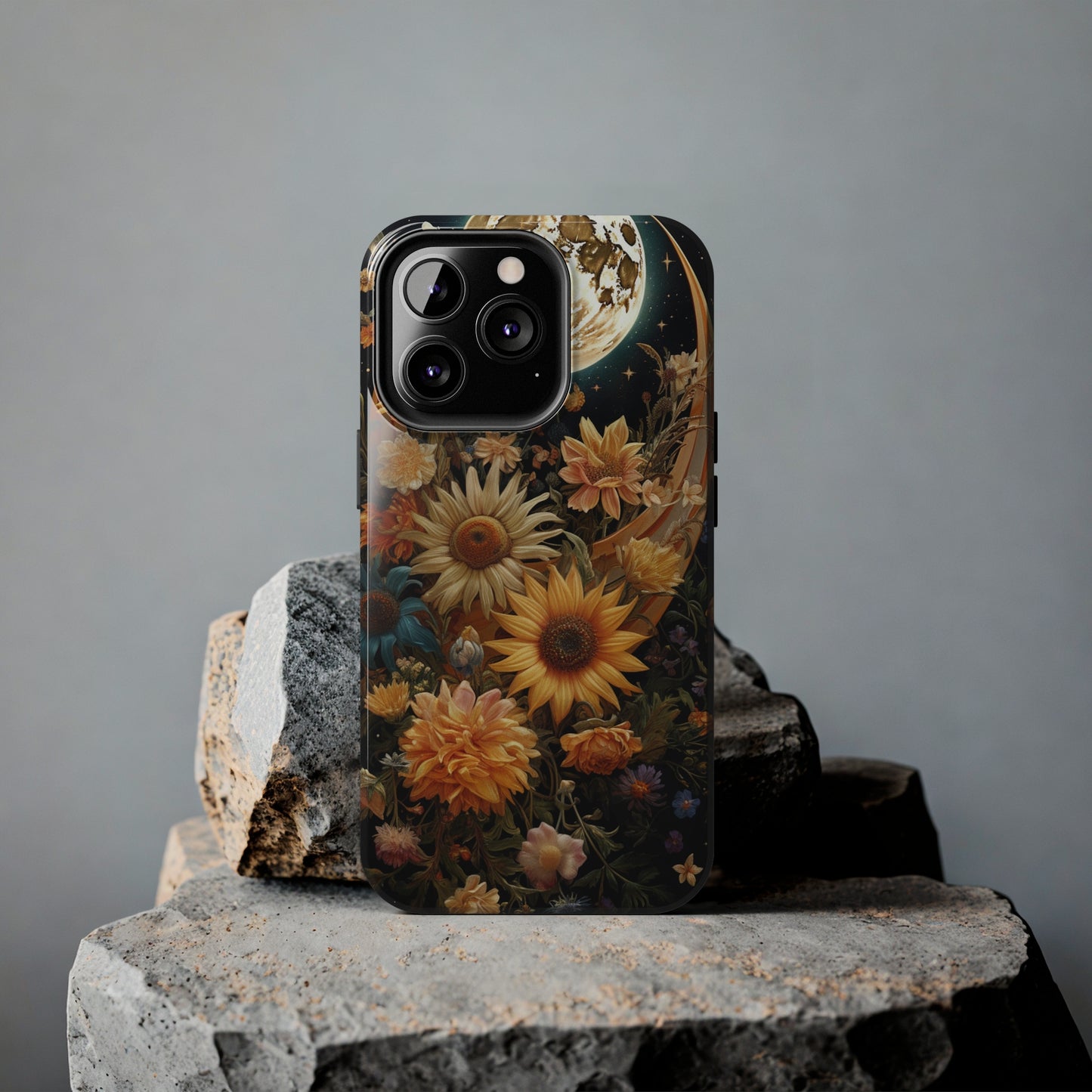 Celestial Charm: iPhone Case with Boho Cottagecore Fusion of Floral, Sun, Moon & Stars