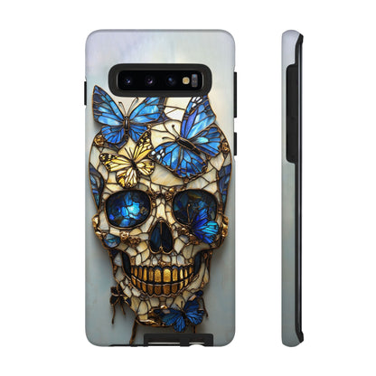 Gold and Blue Stained Glass Skull and Butterflies Phone Cover