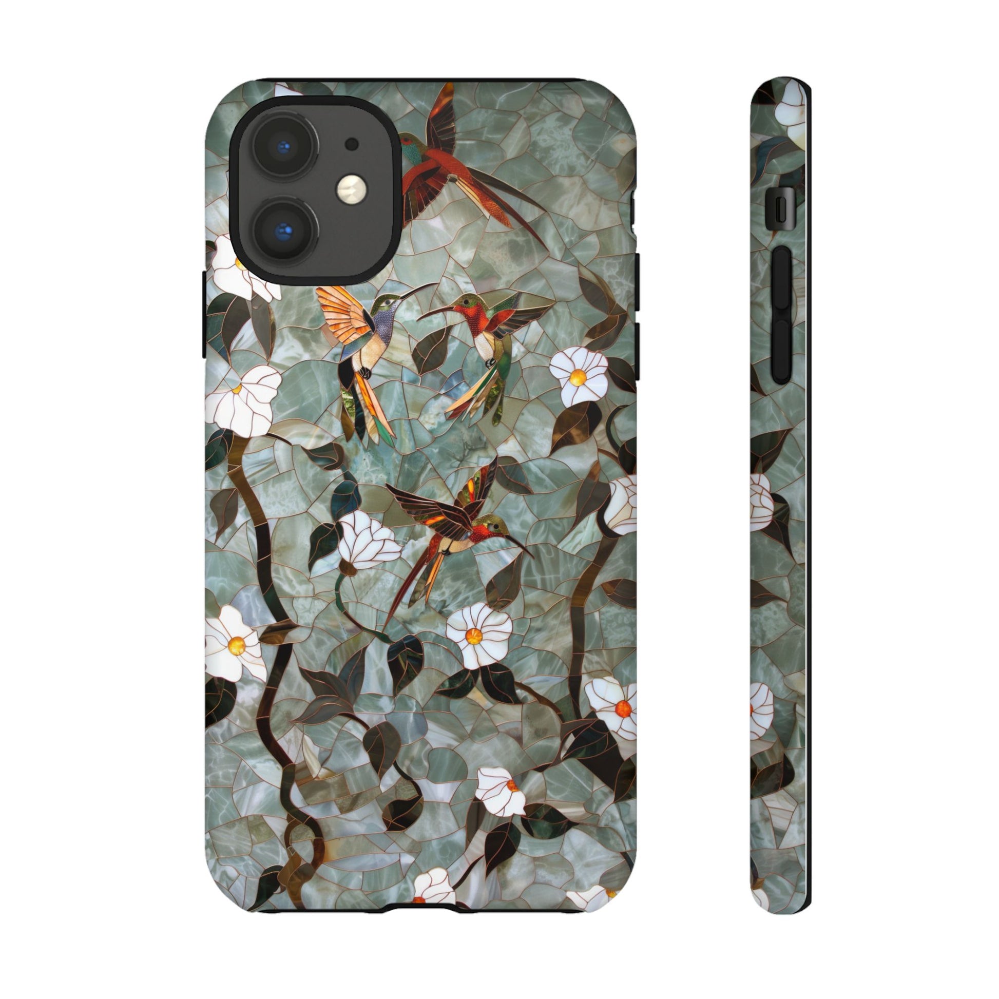 Artistic phone case with hummingbirds and flowers patterns