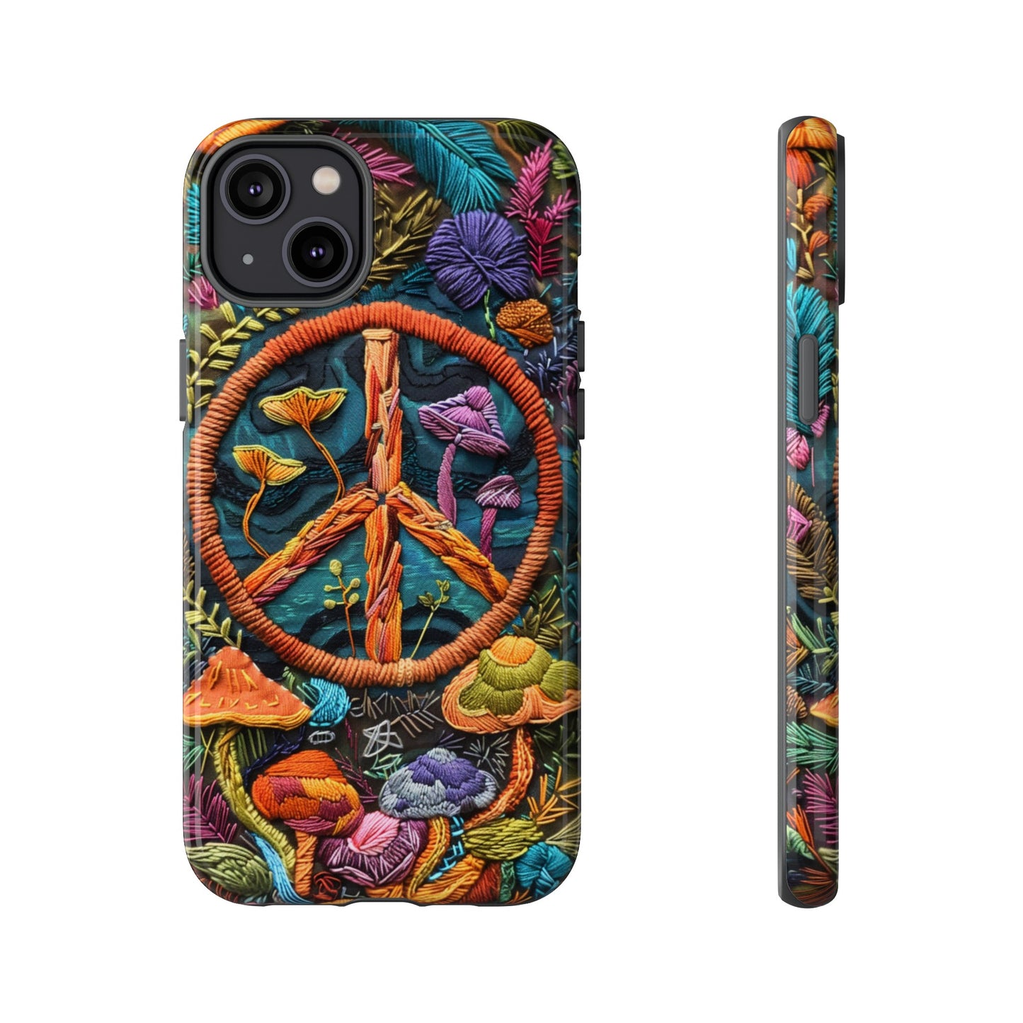 Embroidery Style Magic Mushrooms and Peace Sign Phone Case