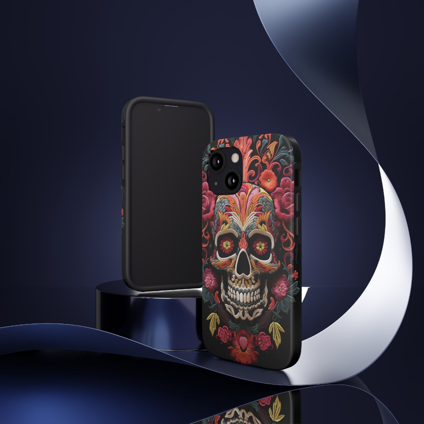 Embroidery Style Sugar Skulls Goth Dark Academia Tough Case iPhone, Edgy Cover, iPhone 14 Plus 13 12 7 8 Se Trendy Halloween Retro Vibe