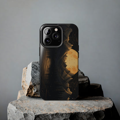 Abstract Landscape Black and Gold Mountains iPhone Case | Embrace the Mystical Full Moon