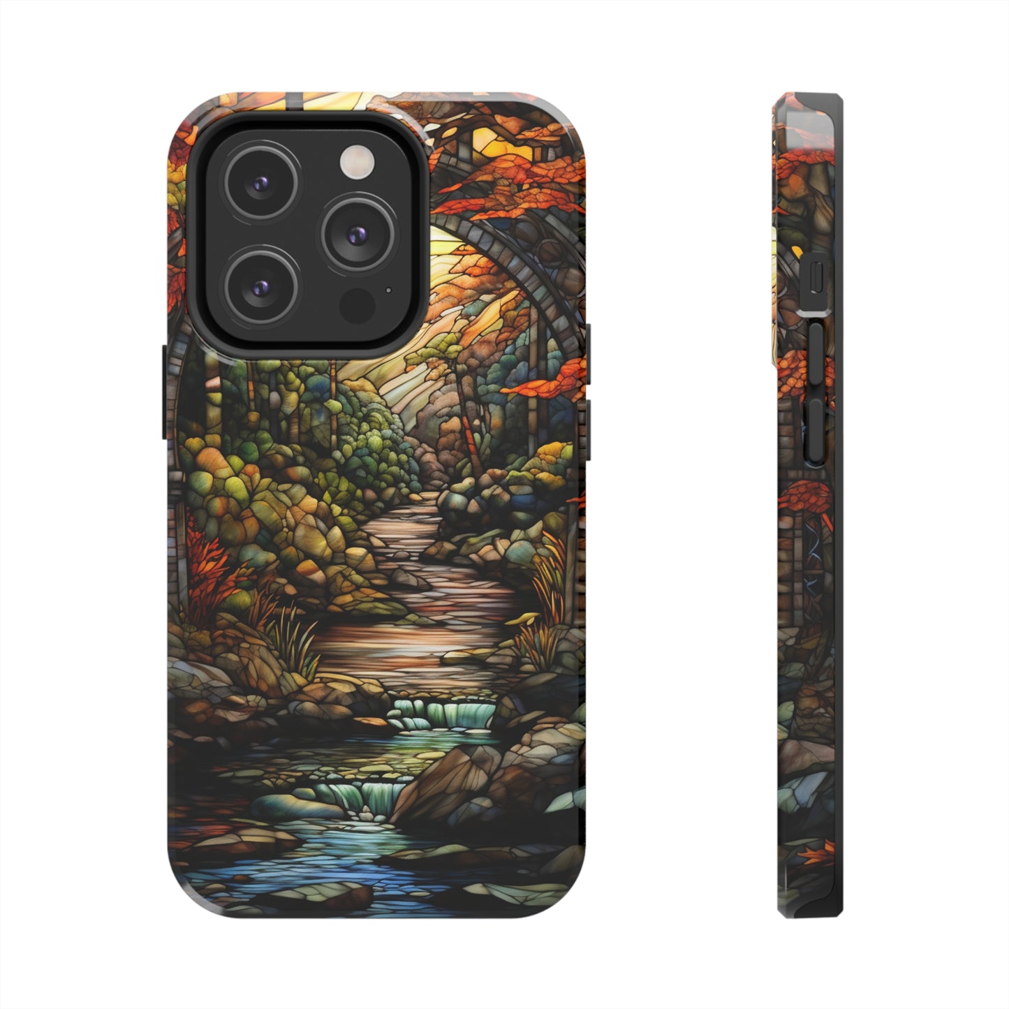 Stained Glass Stone Bridge and River: Floral Art Nouveau Phone Case | Bohemian Elegance for iPhone 14 down to iPhone 7 Models