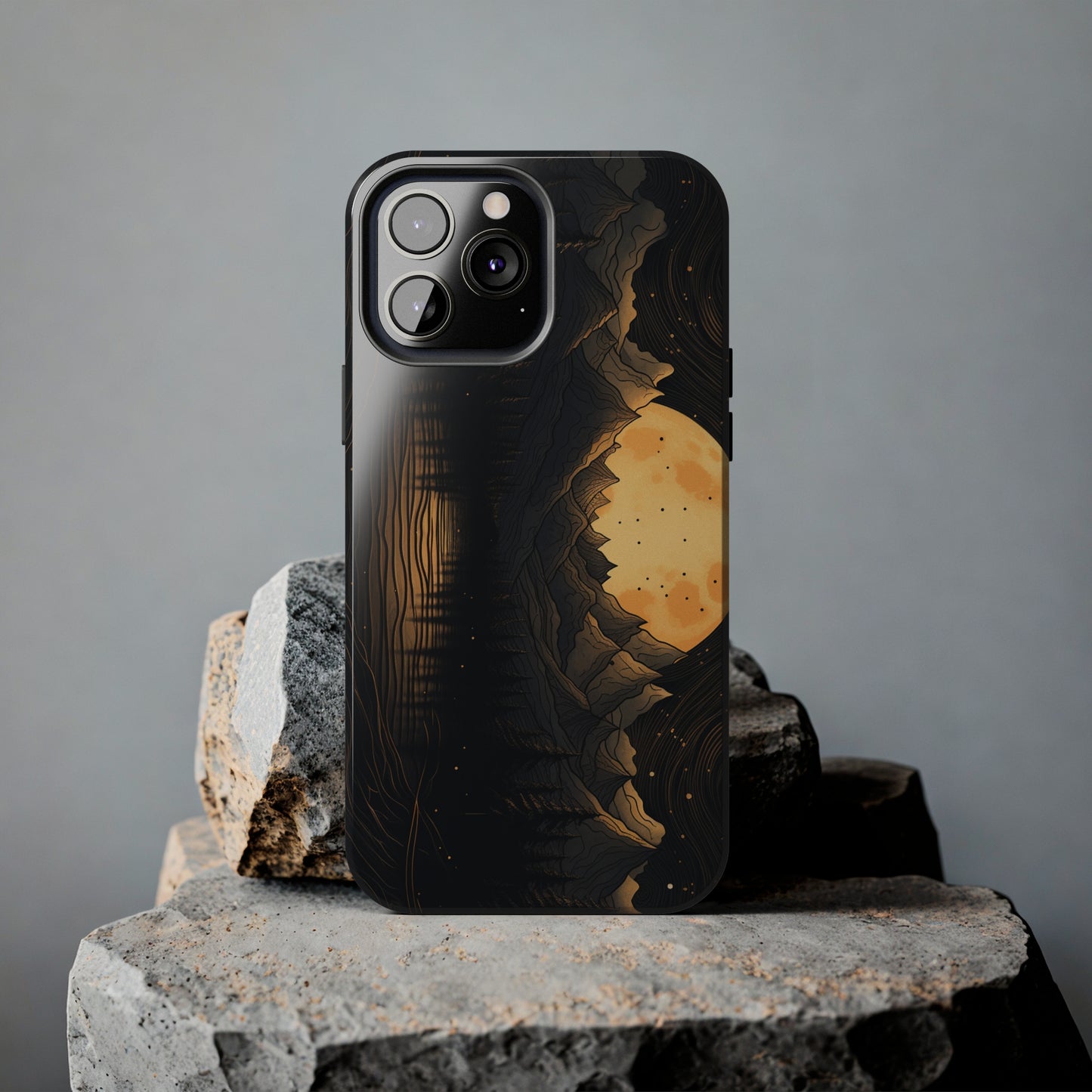 Abstract Landscape Black and Gold Mountains iPhone Case | Embrace the Mystical Full Moon