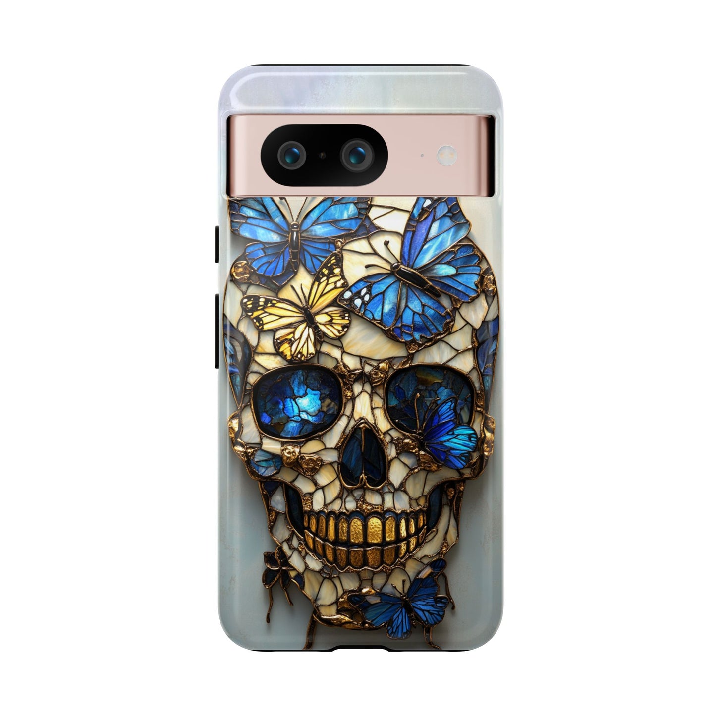 Gold and Blue Stained Glass Skull and Butterflies Phone Cover