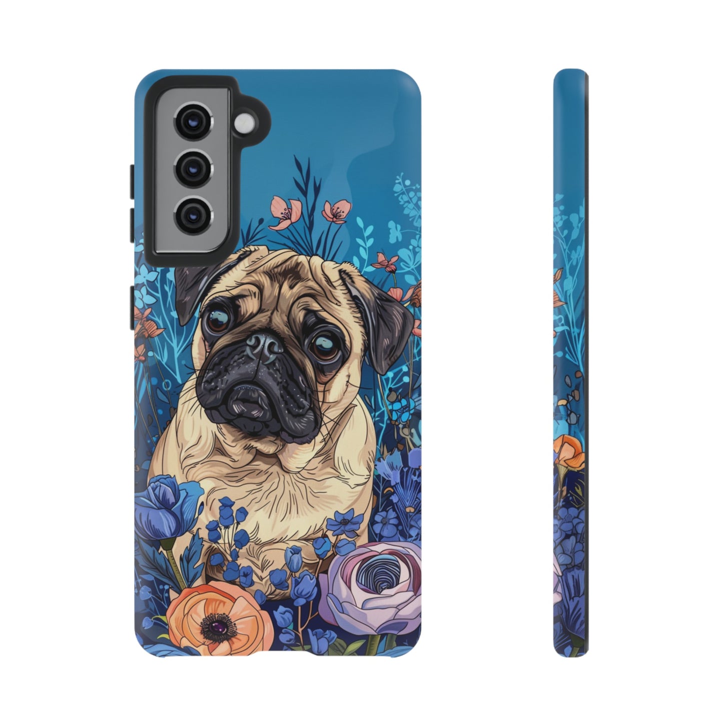 Cute Pug Dog Blue Floral Design Phone Case