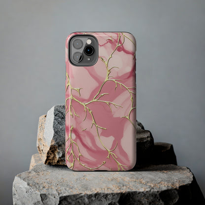 iPhone Elegance Unveiled: Pink & Gold Leaf Marble | Premium Tough iPhone Case