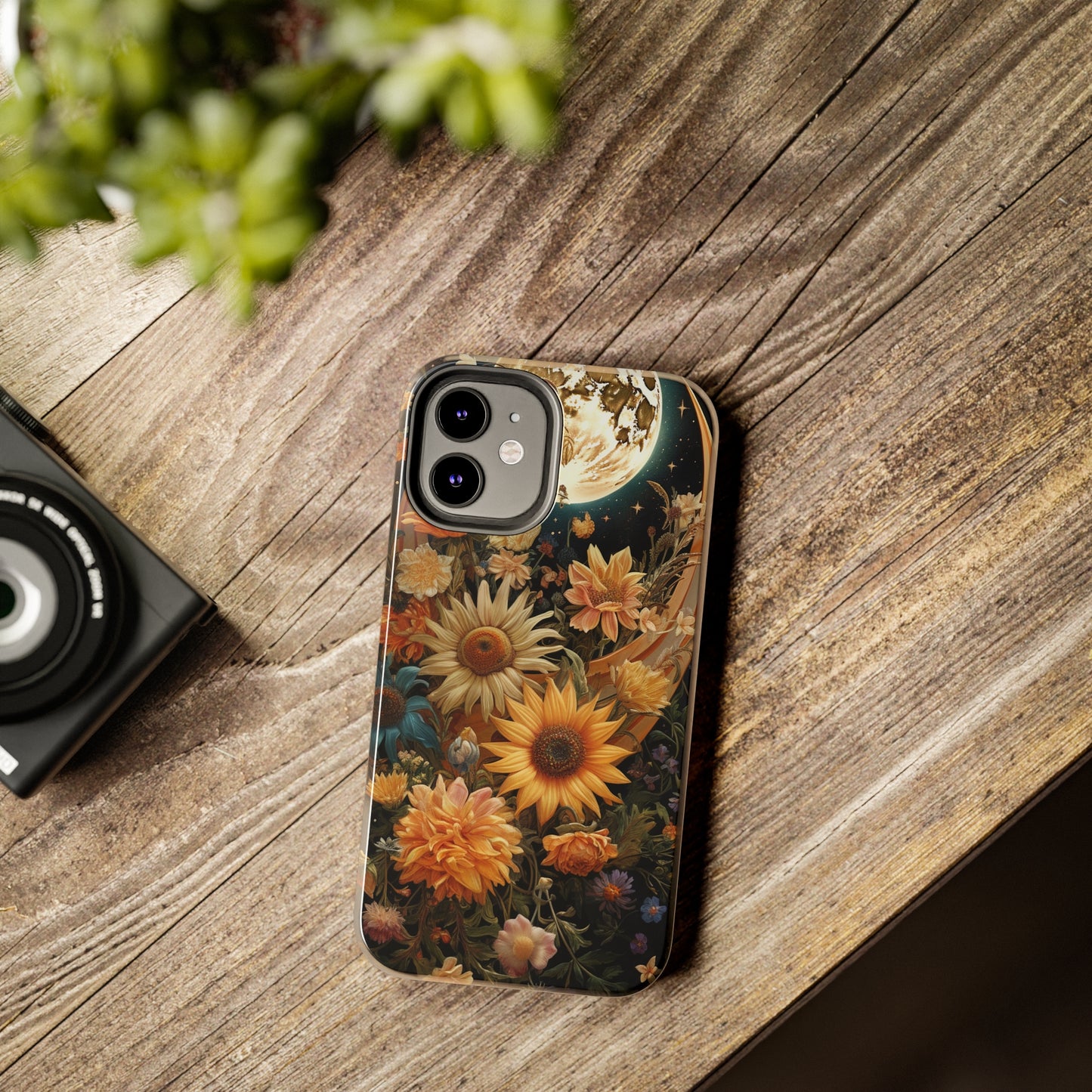 Celestial Charm: iPhone Case with Boho Cottagecore Fusion of Floral, Sun, Moon & Stars