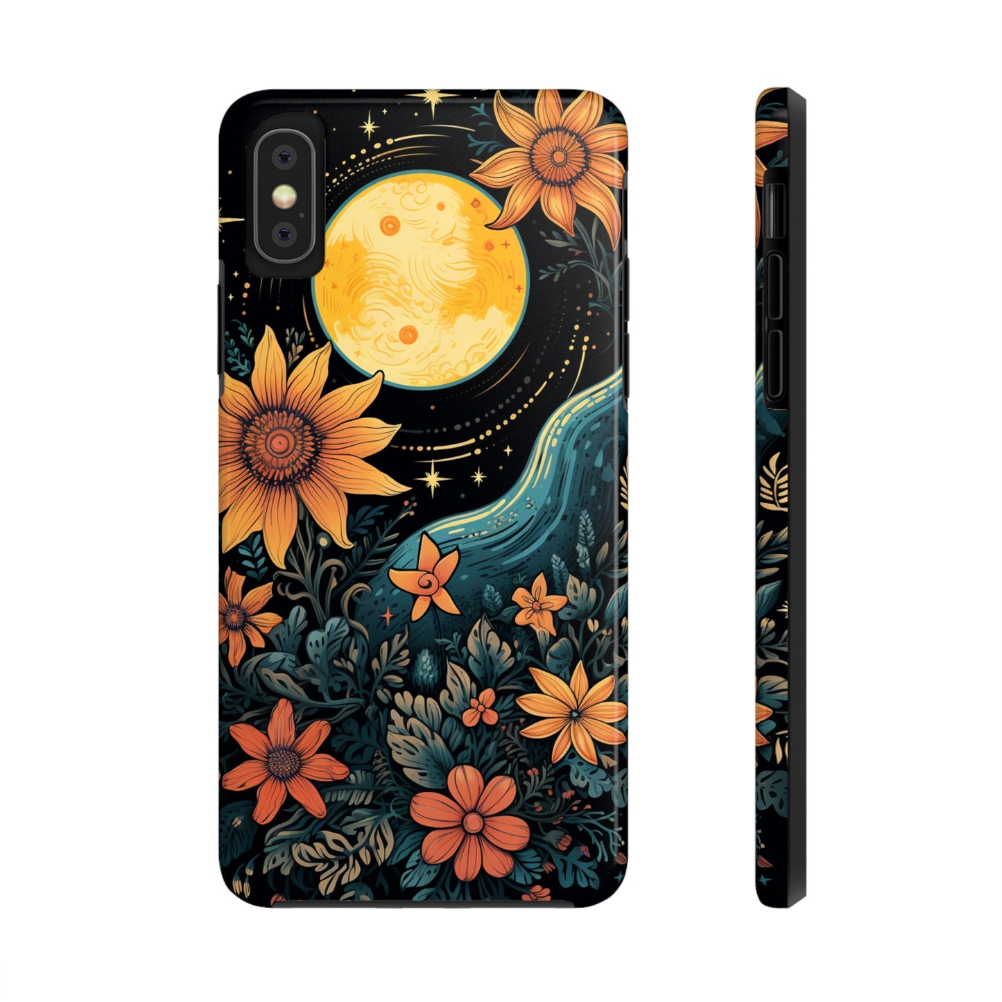 Boho-cottagecore blend iPhone case with sun, moon, and star motifs