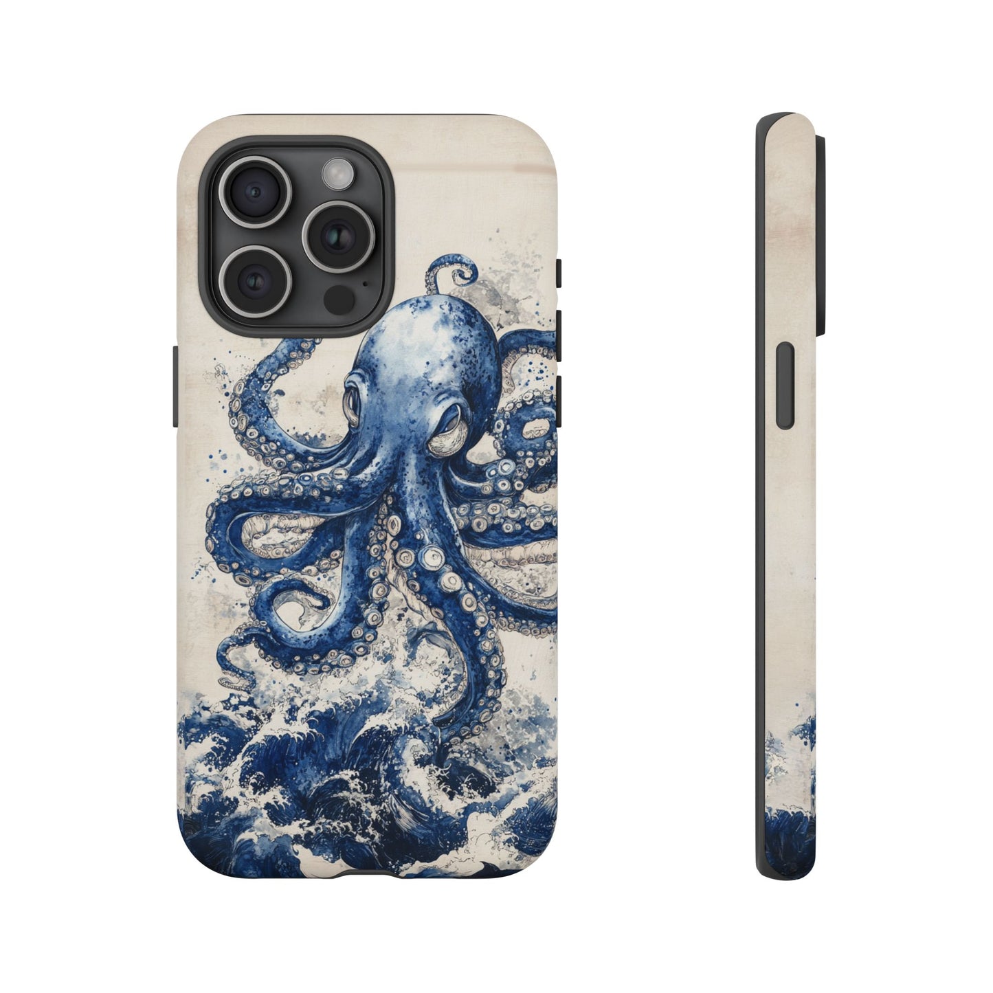 Vintage Japanese Art Style Blue Octopus and Waves Phone Cover