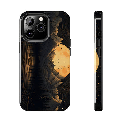 Abstract Landscape Black and Gold Mountains iPhone Case | Embrace the Mystical Full Moon