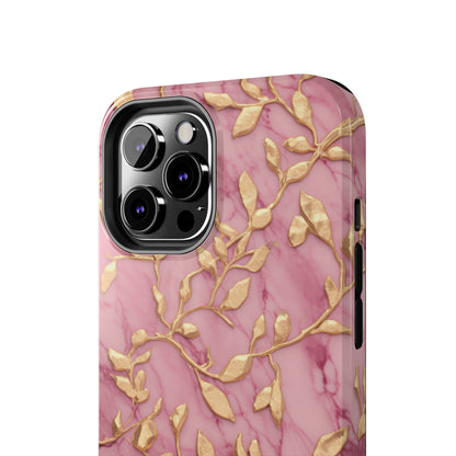 iPhone 14 Case Alluring Elegance: Pink & Gold Leaf Tough iPhone Case