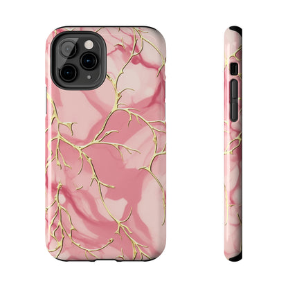 iPhone Elegance Unveiled: Pink & Gold Leaf Marble | Premium Tough iPhone Case