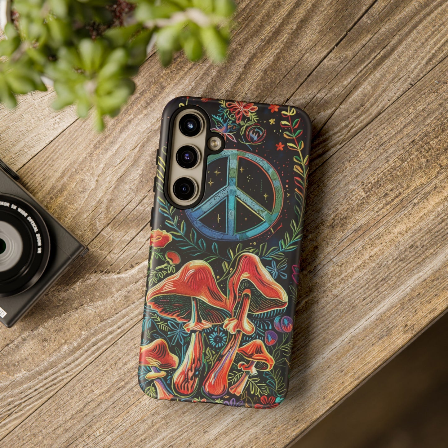 Embroidery Style Magic Mushrooms and Peace Sign Phone Case