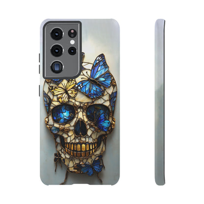 Gold and Blue Stained Glass Skull and Butterflies Phone Cover