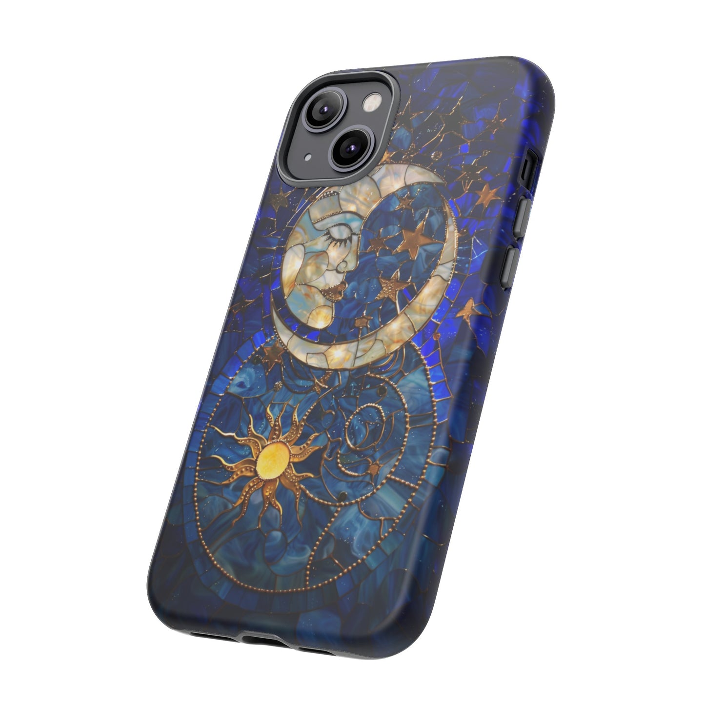 Celestial Stained Glass Moon and Stars Phone Case, Night Sky iPhone 15 Case