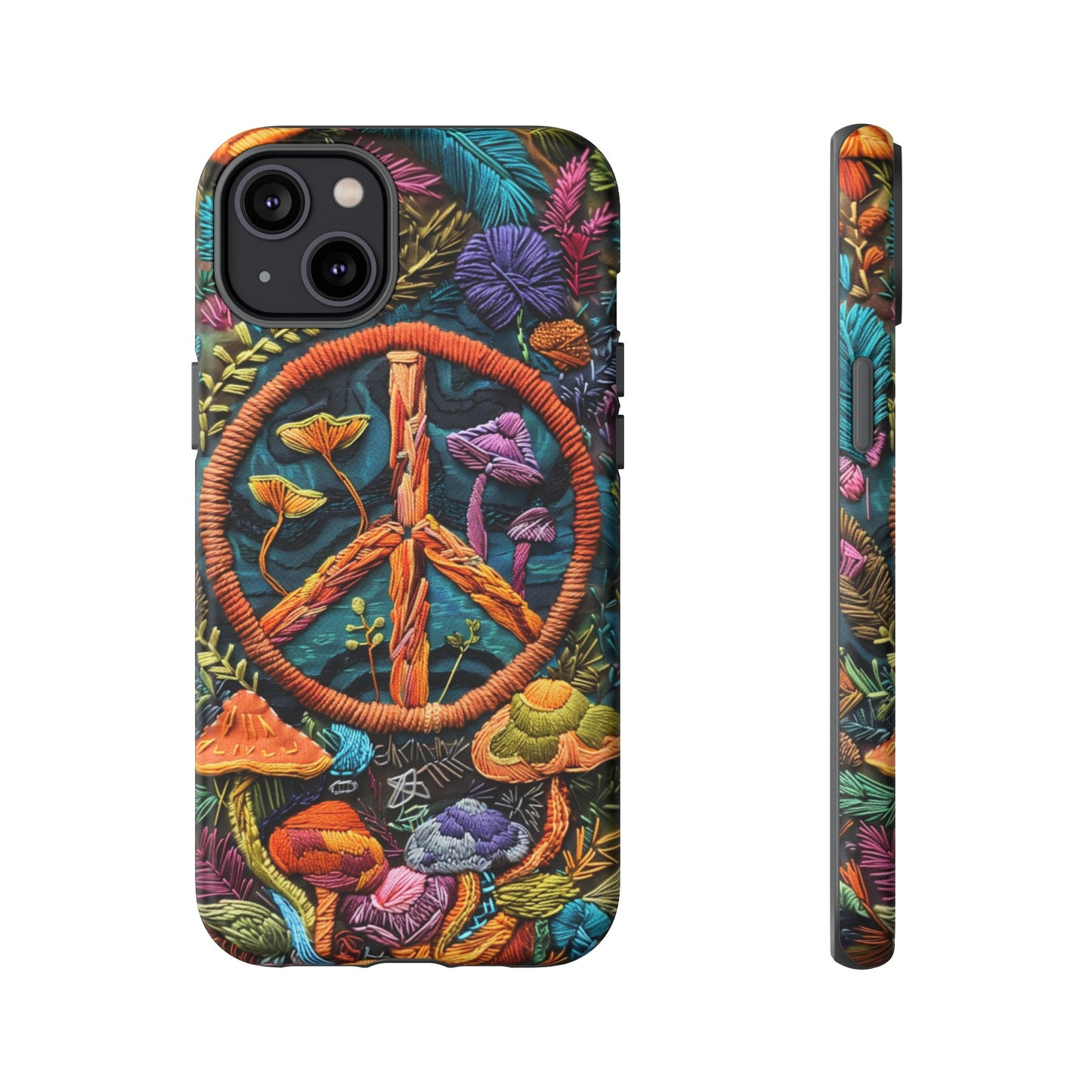 Embroidery Style Magic Mushrooms and Peace Sign Phone Case