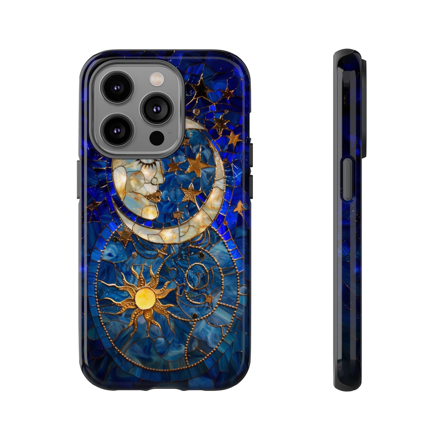 Celestial Stained Glass Moon and Stars Phone Case, Night Sky iPhone 15 Case