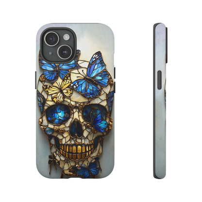 Gold and Blue Stained Glass Skull and Butterflies Phone Cover