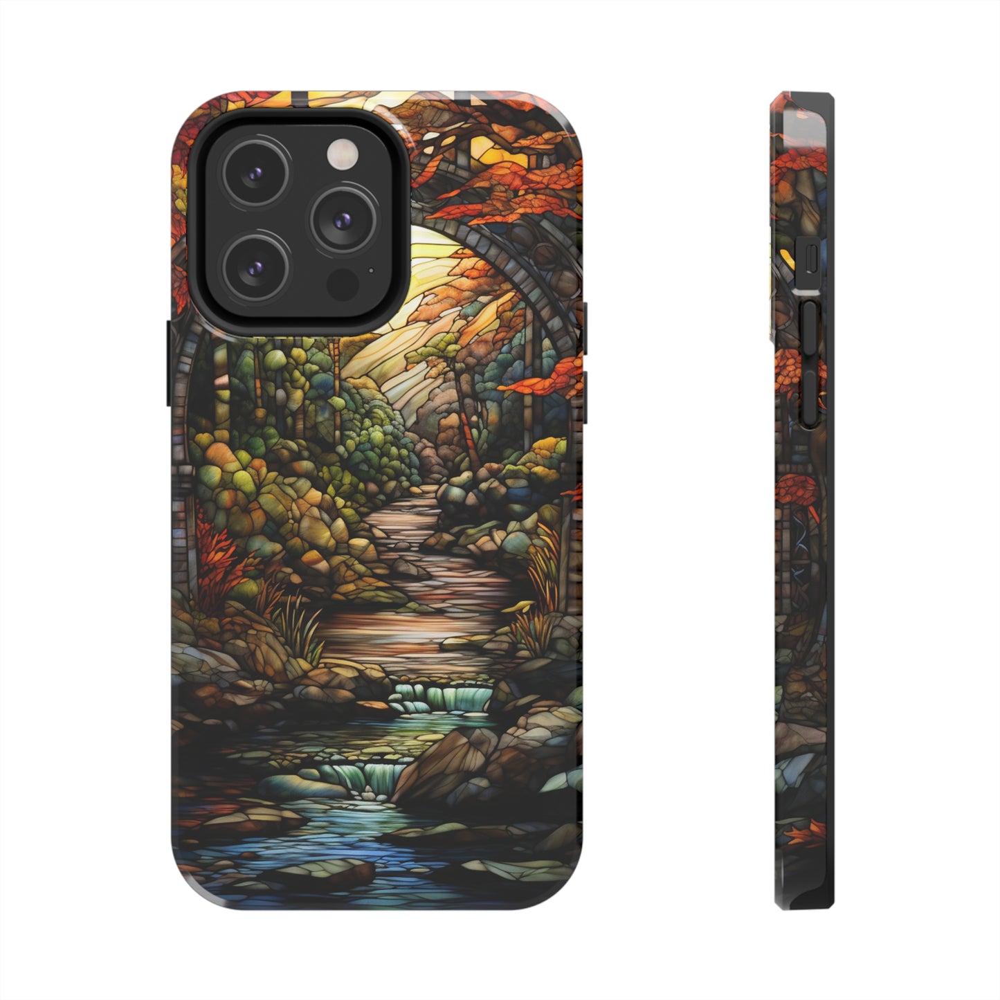 Stained Glass Stone Bridge and River: Floral Art Nouveau Phone Case | Bohemian Elegance for iPhone 14 down to iPhone 7 Models