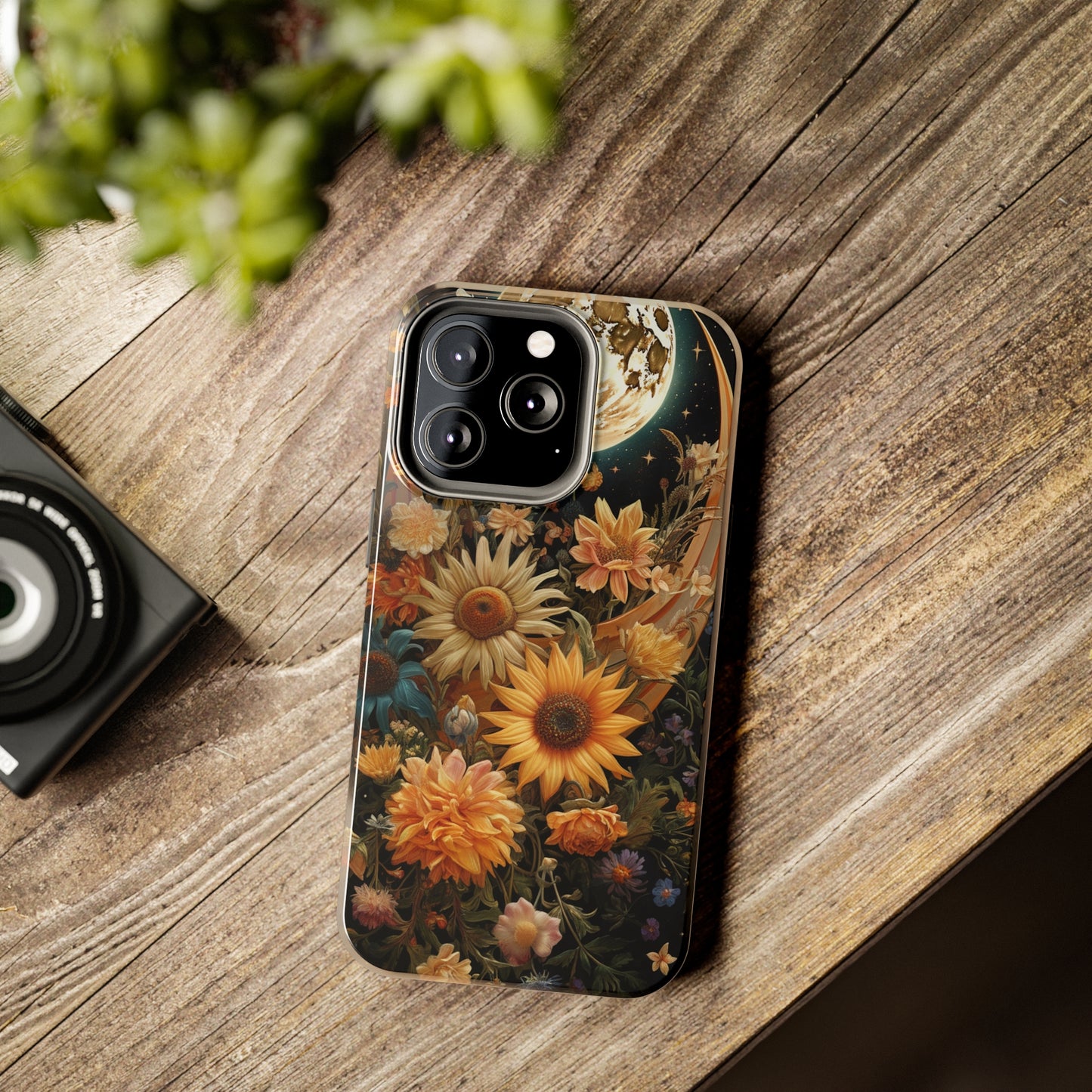 Celestial Charm: iPhone Case with Boho Cottagecore Fusion of Floral, Sun, Moon & Stars