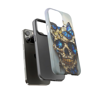 Gold and Blue Stained Glass Skull and Butterflies Phone Cover