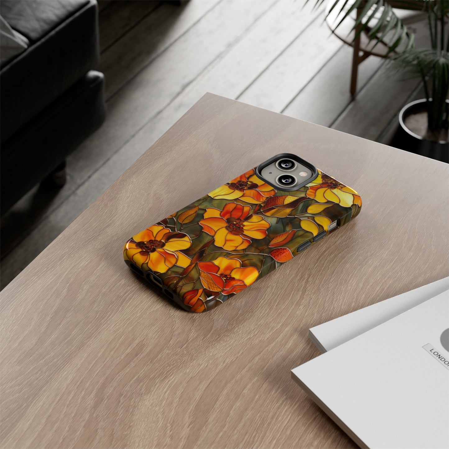 Orange Floral Phone Case Stained Glass Style