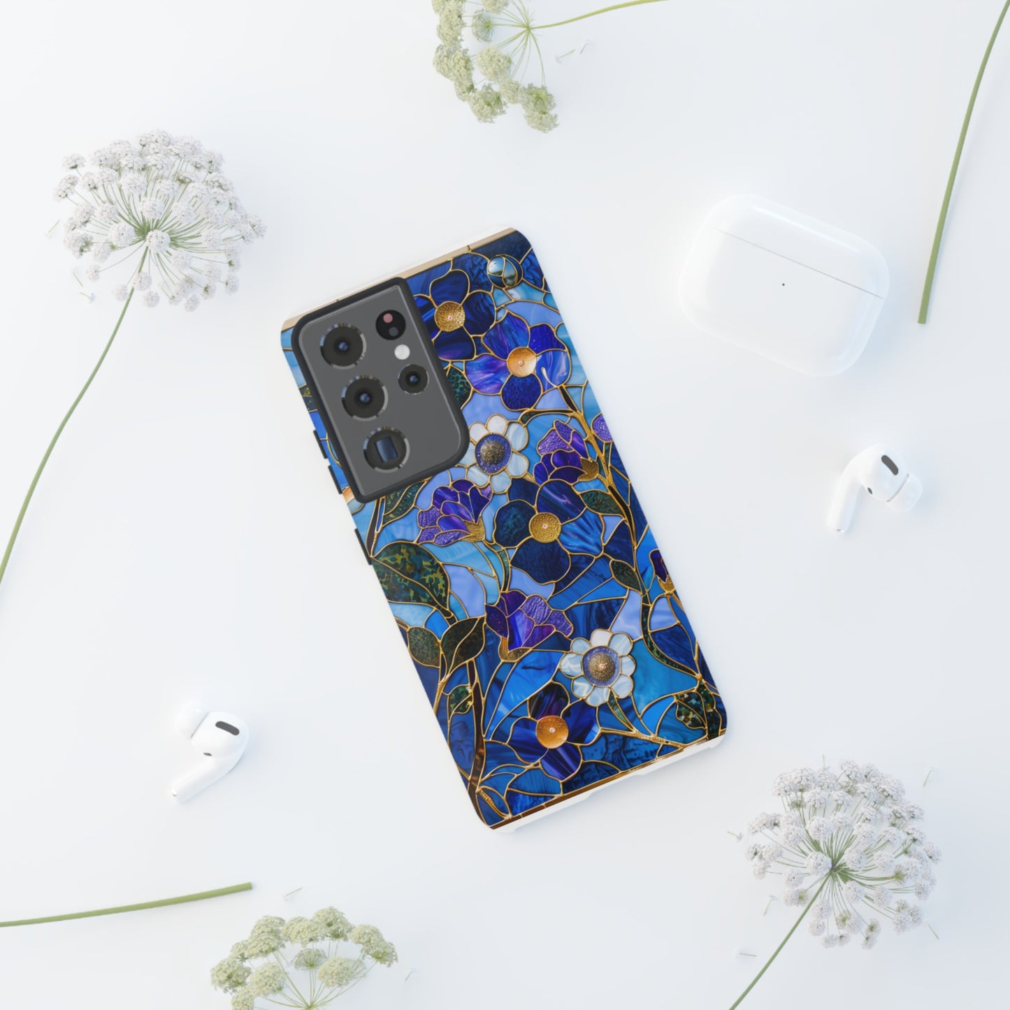 Blue Floral Stained Glass Gold Inlay Wild Flowers Phone Case