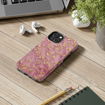 iPhone 14 Case Alluring Elegance: Pink & Gold Leaf Tough iPhone Case