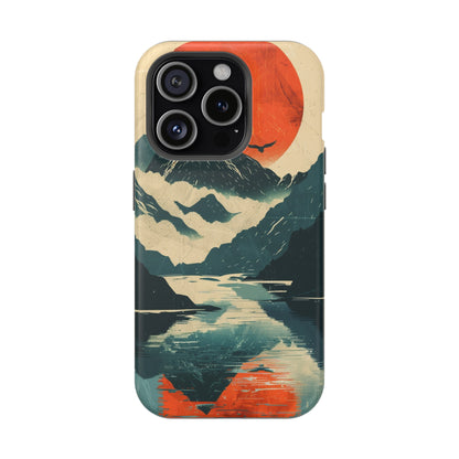 Retro iPhone Case Mountain Sunset Lake Reflection MagSafe Phone Case