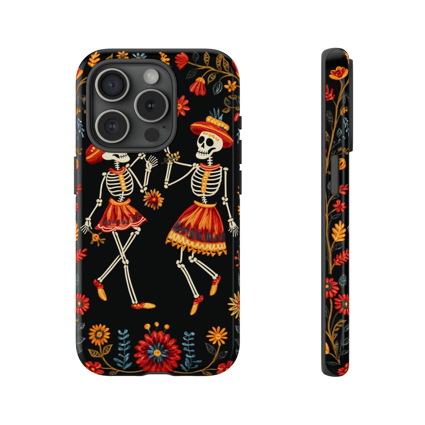 Dead Can Dance, iPhone 15 case, Floral Embroidery Skeletons | Whimsical Dance of the Departed for Google Pixel, iPhone & Samsung Galaxy