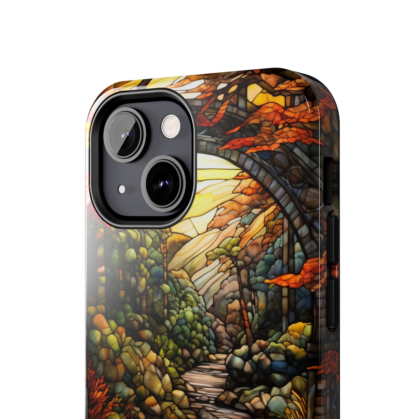 Stained Glass Stone Bridge and River: Floral Art Nouveau Phone Case | Bohemian Elegance for iPhone 14 down to iPhone 7 Models