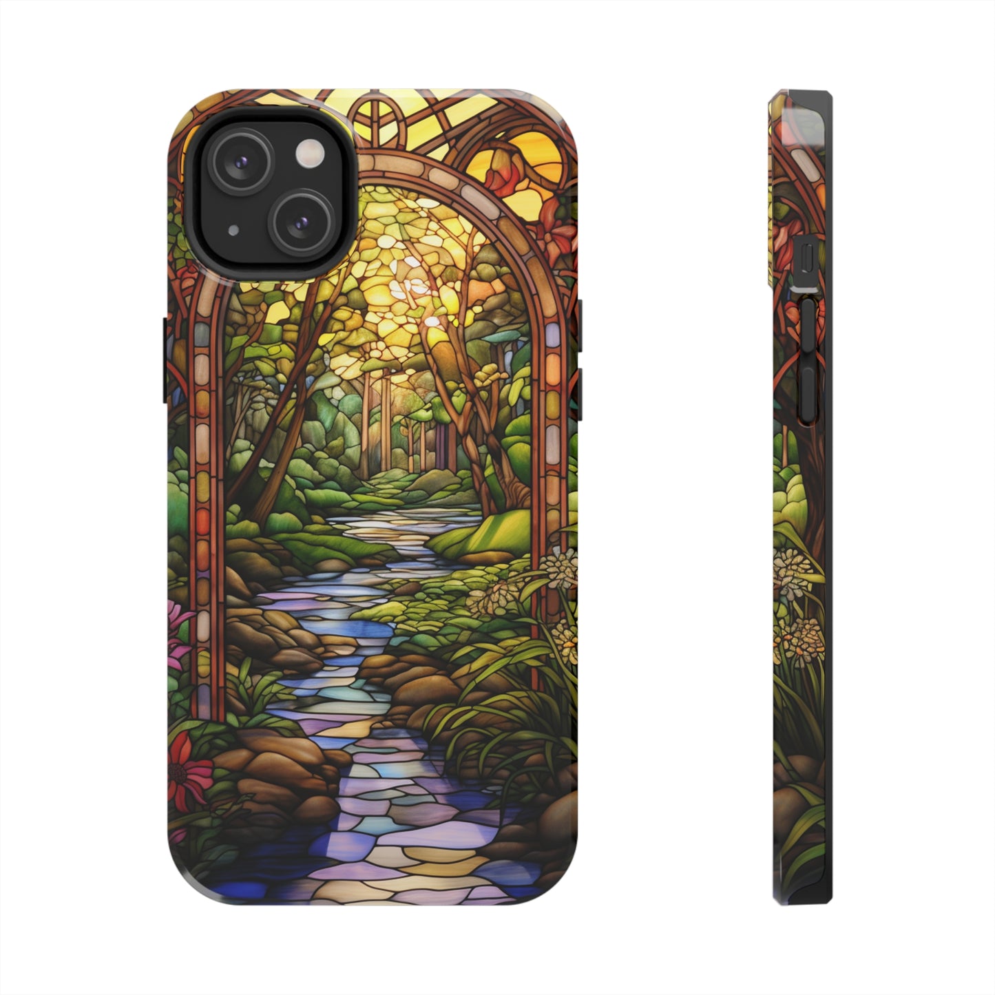 Stained Glass Stone Bridge and River Phone Case: Floral Art Nouveau Design | Bohemian Elegance for iPhone 14 Pro Max, iPhone 14 Plus