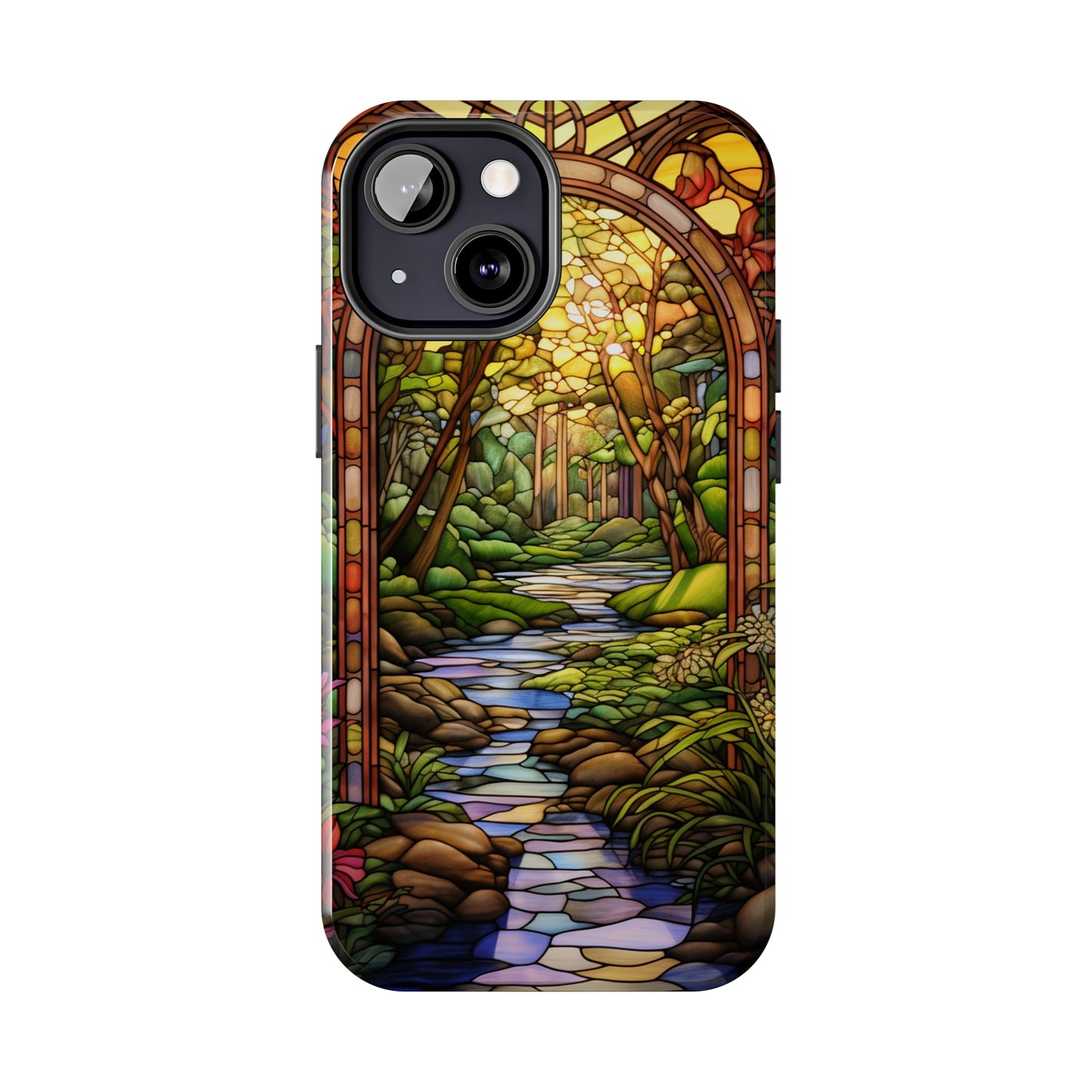 Stained Glass Stone Bridge and River Phone Case: Floral Art Nouveau Design | Bohemian Elegance for iPhone 14 Pro Max, iPhone 14 Plus