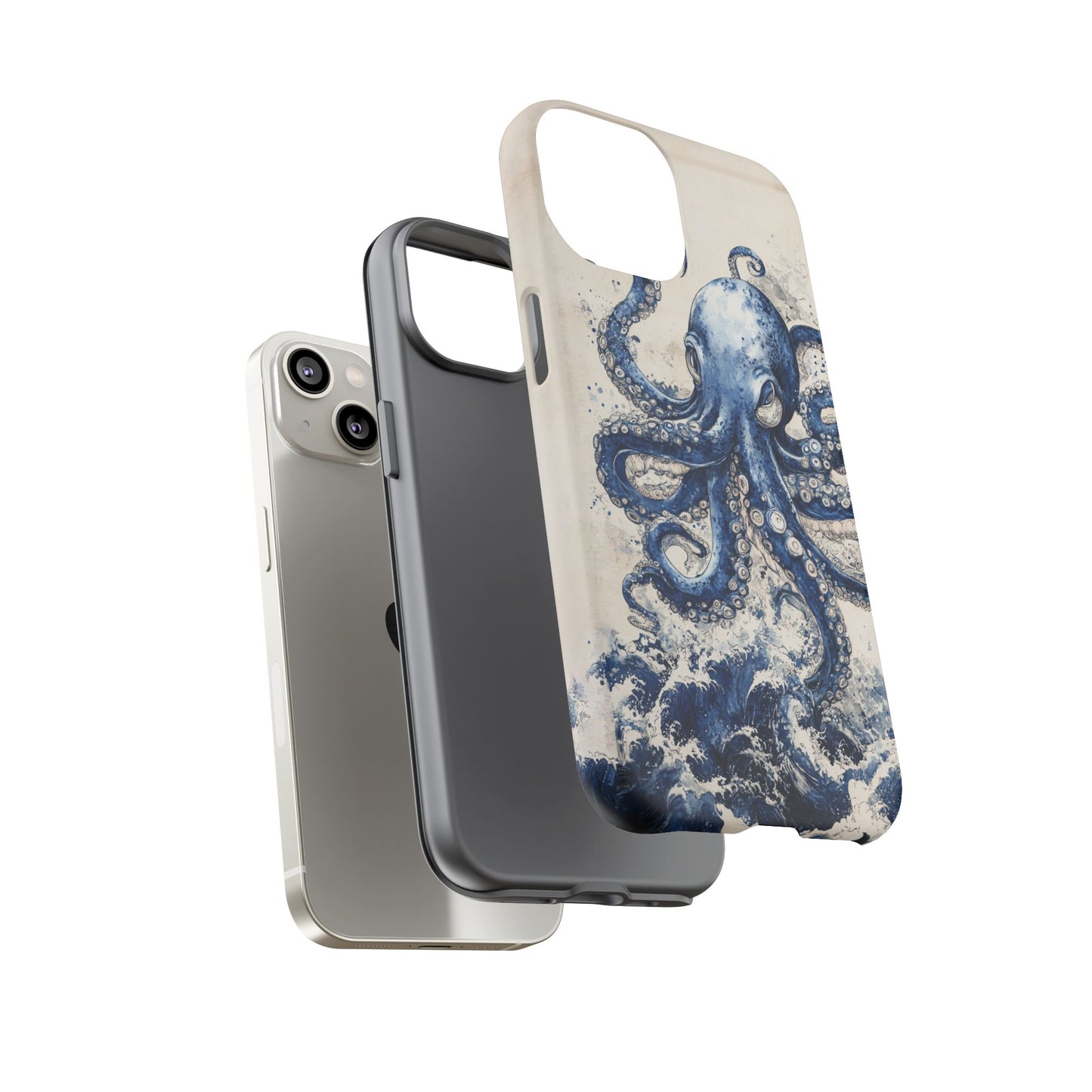 Vintage Japanese Art Style Blue Octopus and Waves Phone Cover