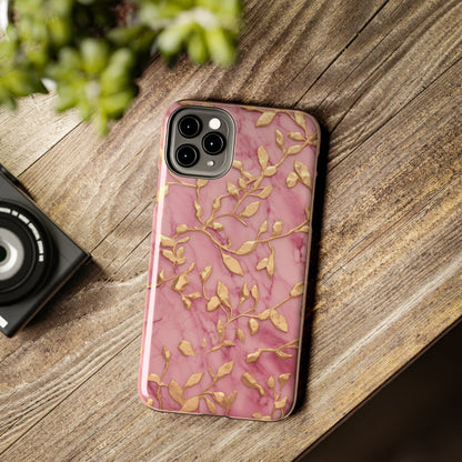 iPhone 14 Case Alluring Elegance: Pink & Gold Leaf Tough iPhone Case