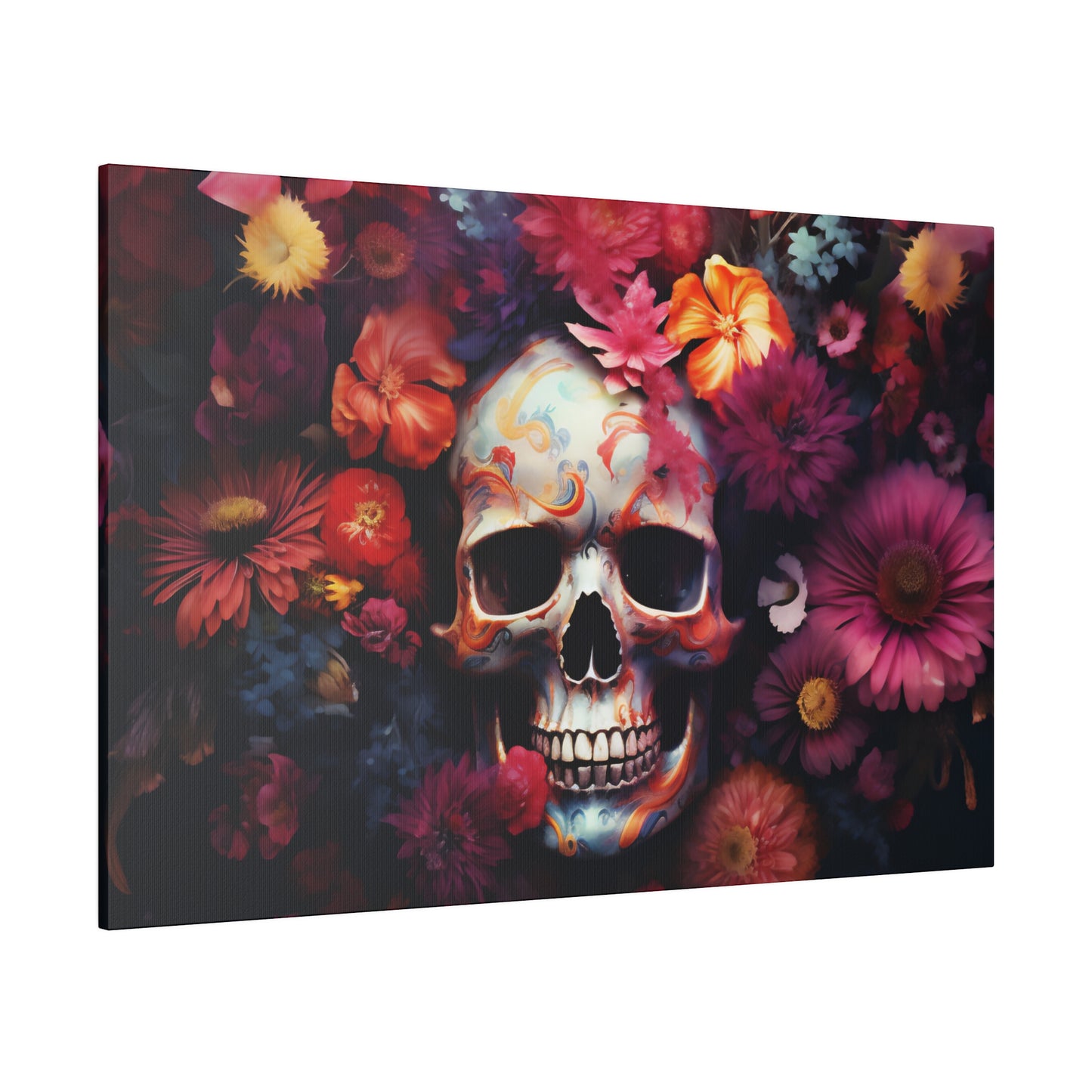 Psychedelic Sugar Skull and Flowers | Vibrant Stretched Canvas Print