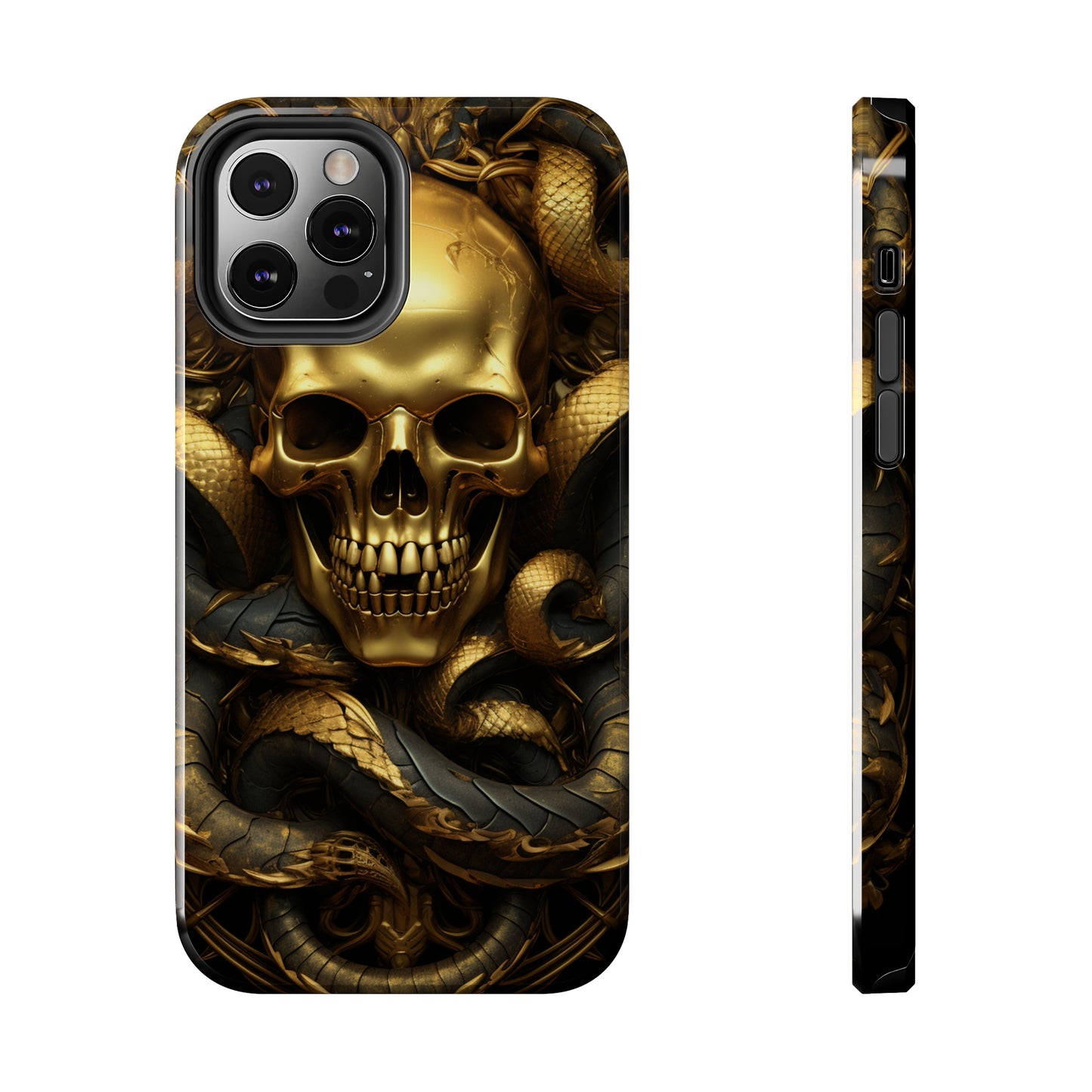 iPhone 14 Case Dark Elegance: Gold Skulls and Snakes Tough iPhone Case | An Edgy Goth Delight