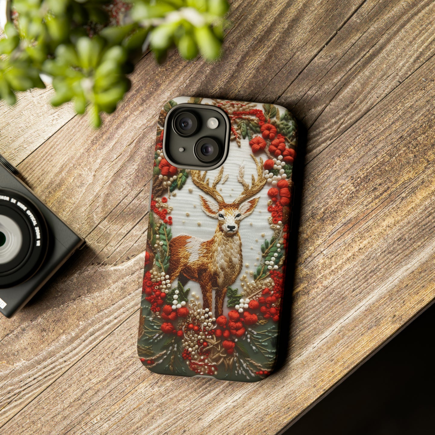 Embroidery Christmas Deer Floral Phone Case