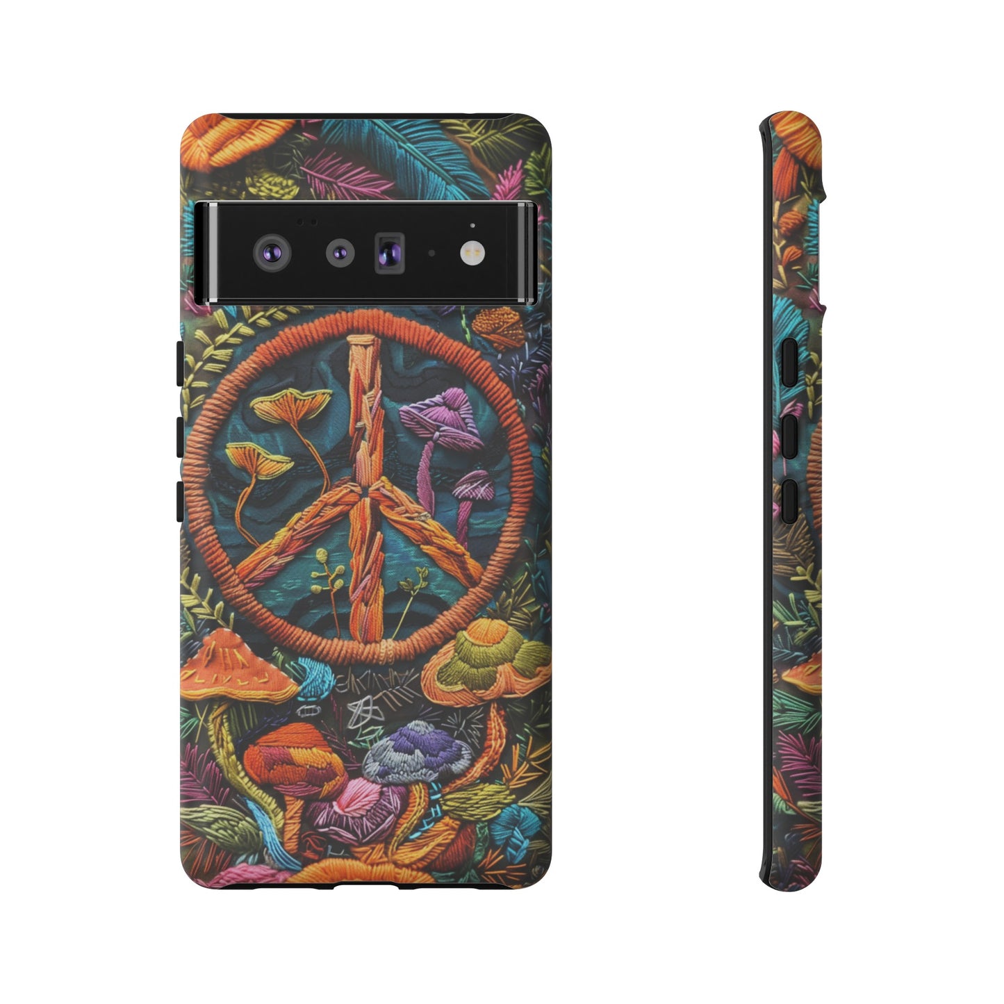 Embroidery Style Magic Mushrooms and Peace Sign Phone Case