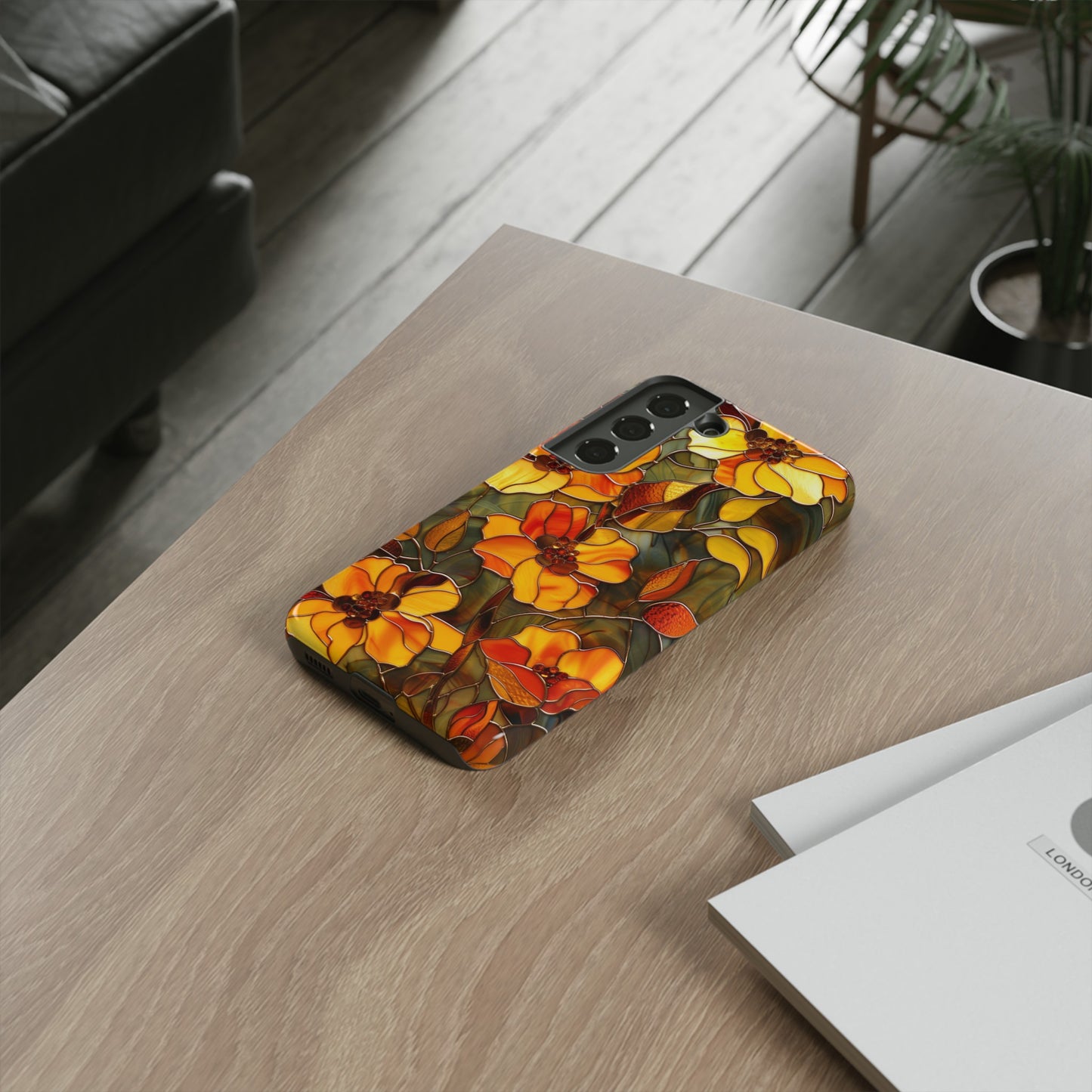 Orange Floral Phone Case Stained Glass Style