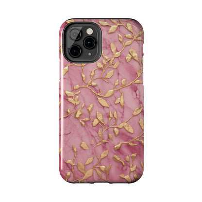 iPhone 14 Case Alluring Elegance: Pink & Gold Leaf Tough iPhone Case