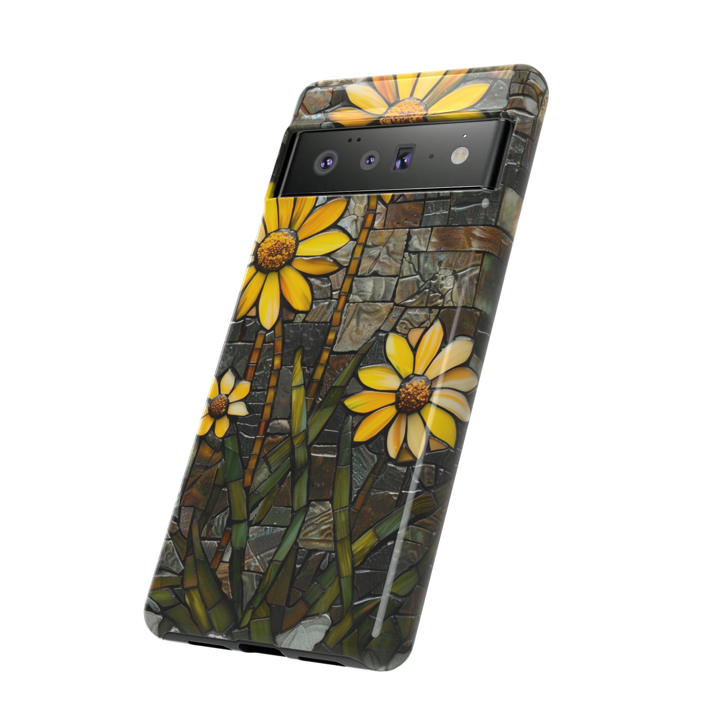 Yellow and Gold Daisy Mosaic Stained Glass Phone Case for iPhone 15, 14, Pro Max, 13, 12 & Samsung Galaxy S23, S22, S21, Google Pixel